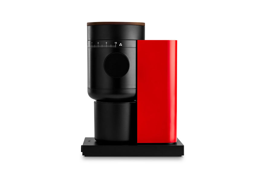 Opus 2 Conical Burr Grinder | Fellow Cherry Red + Walnut Opus2_CherryRed_Side_ES